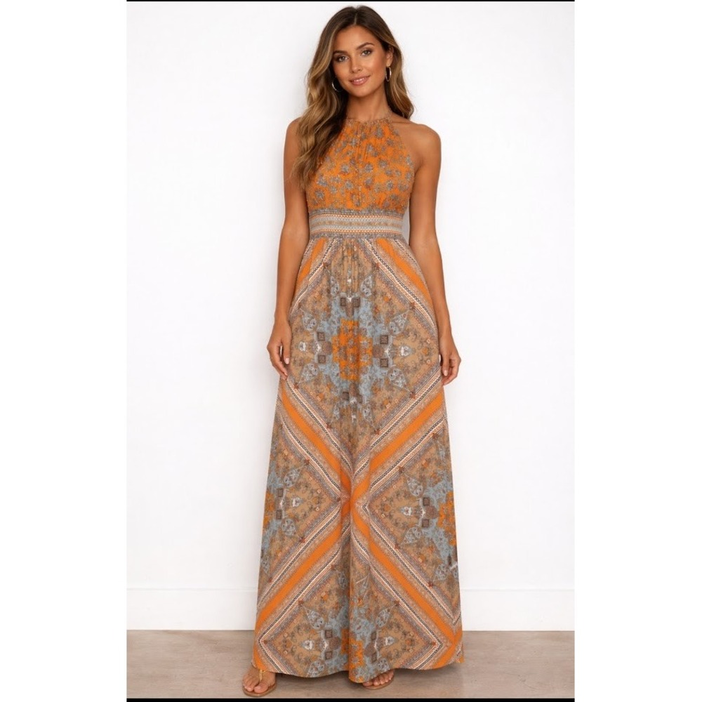db Boho‎ Paisley Halter Maxi Dress Womens Orange Blue Medallion Print  Sz 16